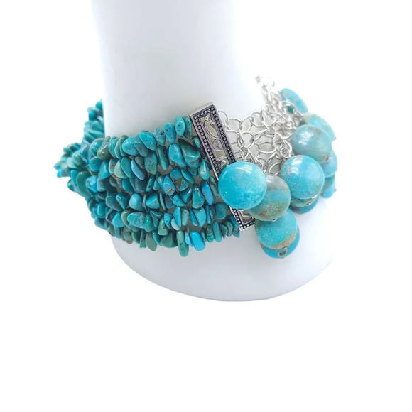Blue Turquoise Chips Multi Strand Bangle Bracelet Silver Tone Vintage - Picture 2 of 4